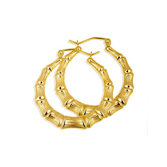 14K Yellow Gold Reversible Bamboo Hoop Earrings 26.5mm x 2.5mm